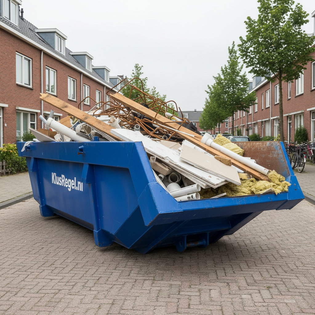 6m³ Container KlusRegel.nl gevuld met bouw- en sloopafval in woonwijk