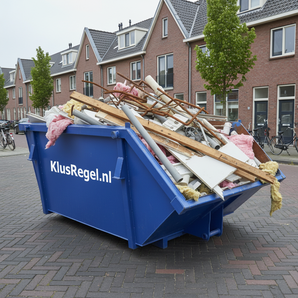 3m³ Container KlusRegel.nl gevuld met bouw- en sloopafval in woonwijk