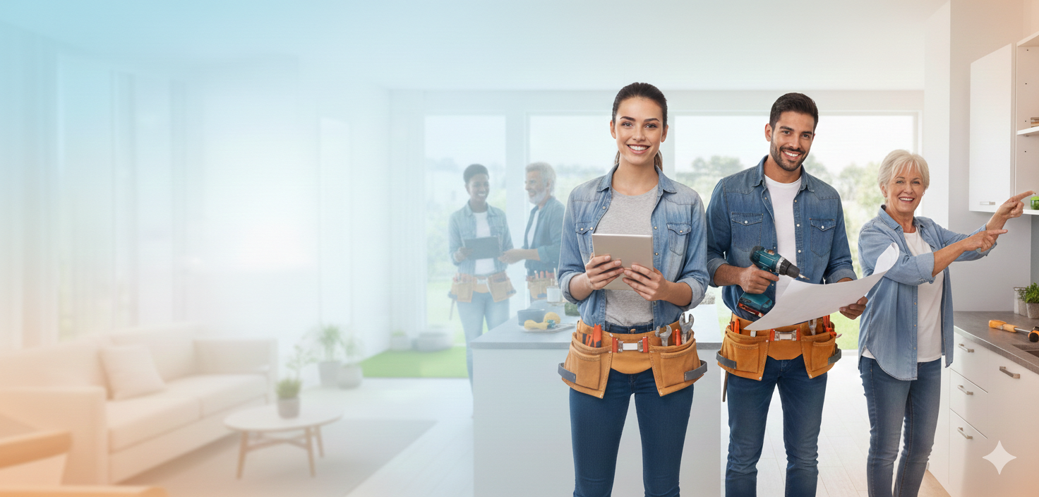 2 medewerkers met gereedschapsband om hun middel en papieren plus boormachine in hun hand en een vrouwelijke klant die wijst naar een witte keukenkast.