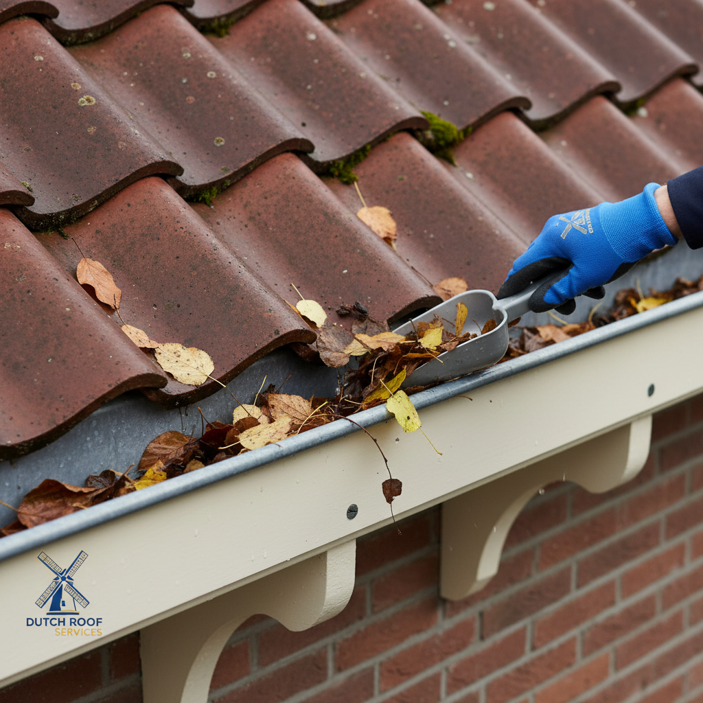 Dakgoot onder dakpannen met matige vervuiling