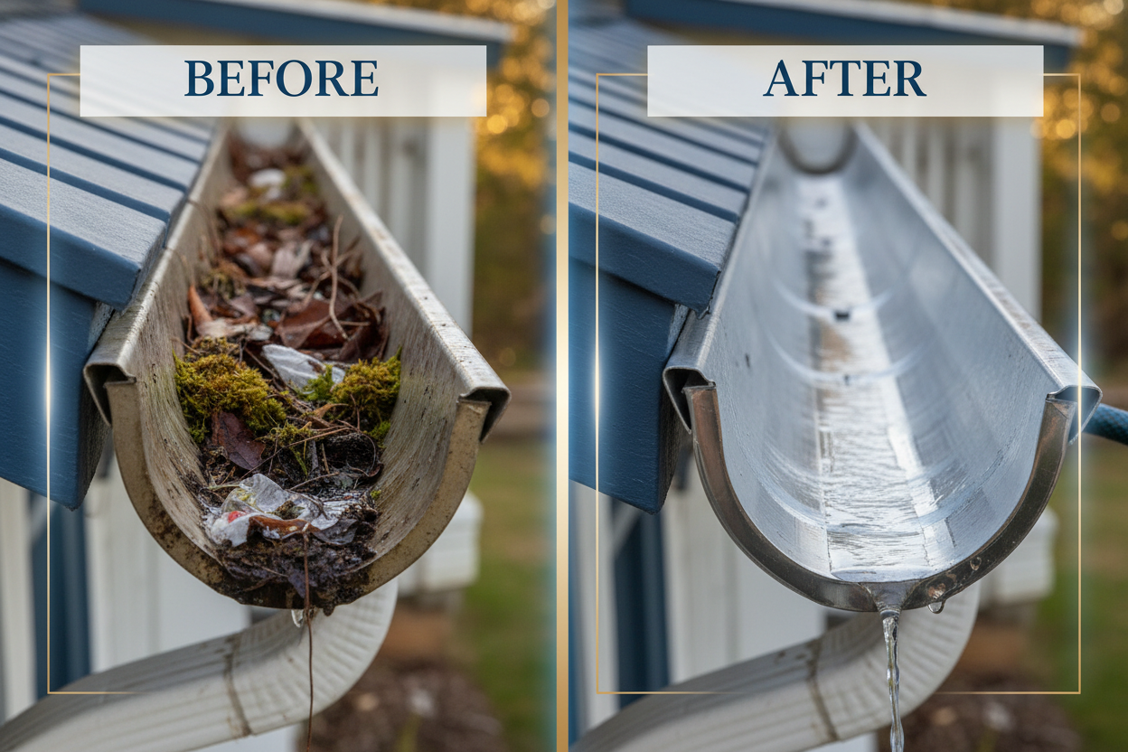 Voor en na vergelijking dakgootreiniging